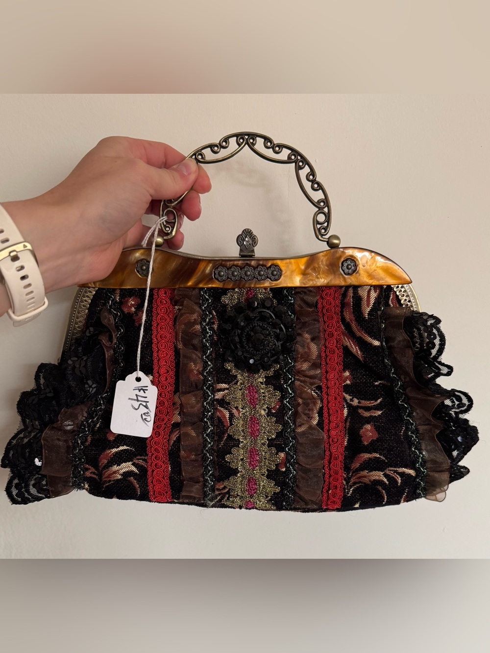 Vintage Handmade Black & Brown Embellished Evening Clutch with Red Accents